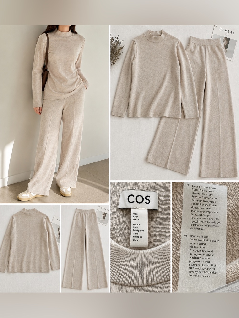 COS Beige Knit Set – Mock Neck Top & Wide Leg Pants – Size Small